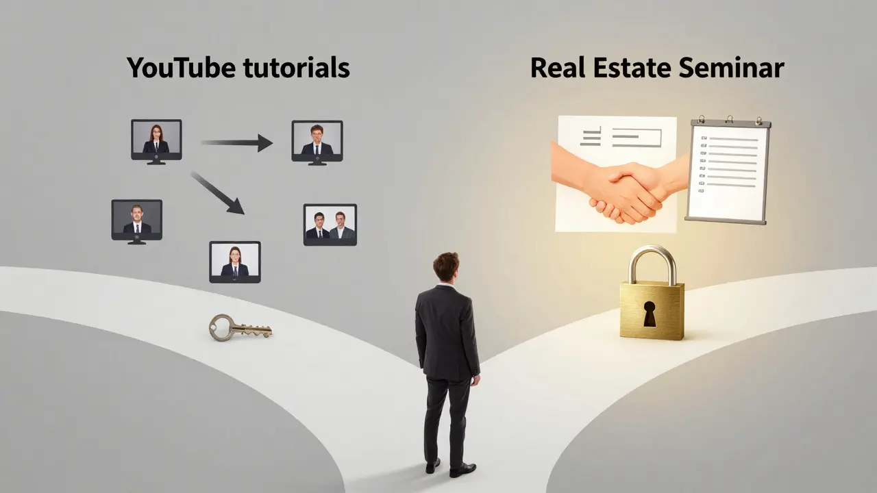 Person choosing between passive online learning and active seminar mentorship at a symbolic crossroads.