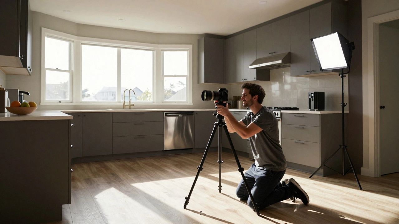 Photographer using a wide-angle lens and tripod to capture a sunlit kitchen with minimal staging.
