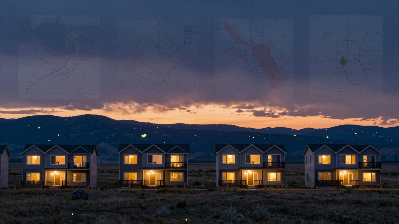 Row of rental properties at dusk with rent income as glowing lights, wildfire maps fading in distance.