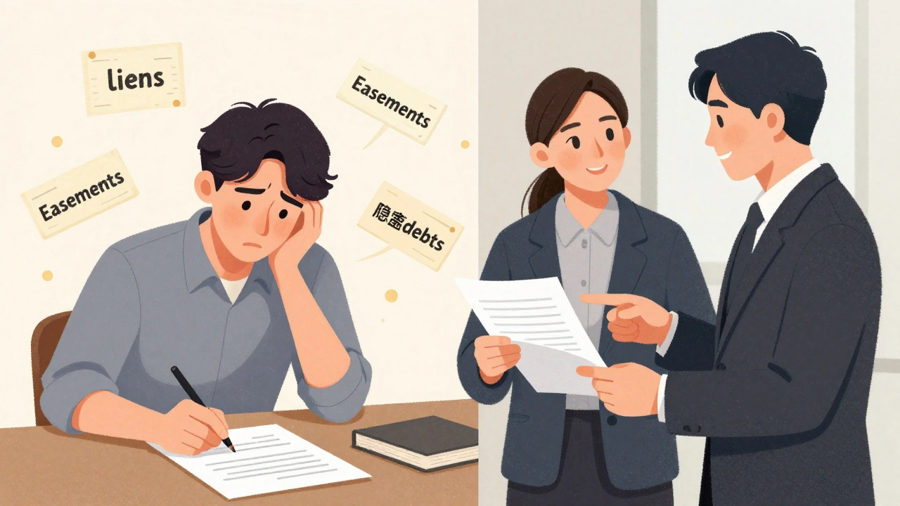 Split illustration showing buyer at risk vs. protected by legal counsel during a home transaction.