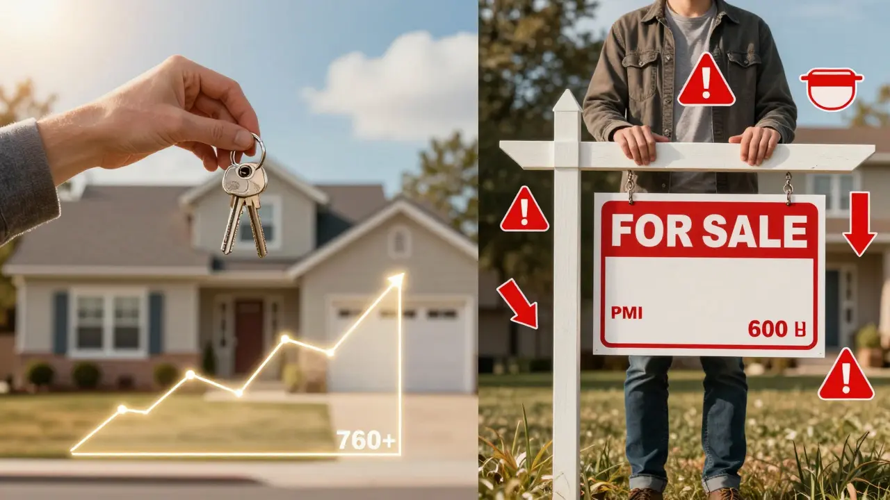 Split image: happy homebuyer with good credit vs stressed buyer with high debt and low score