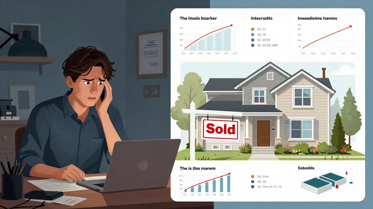 Split image: unsold home vs. sold home with data overlays showing market trends.
