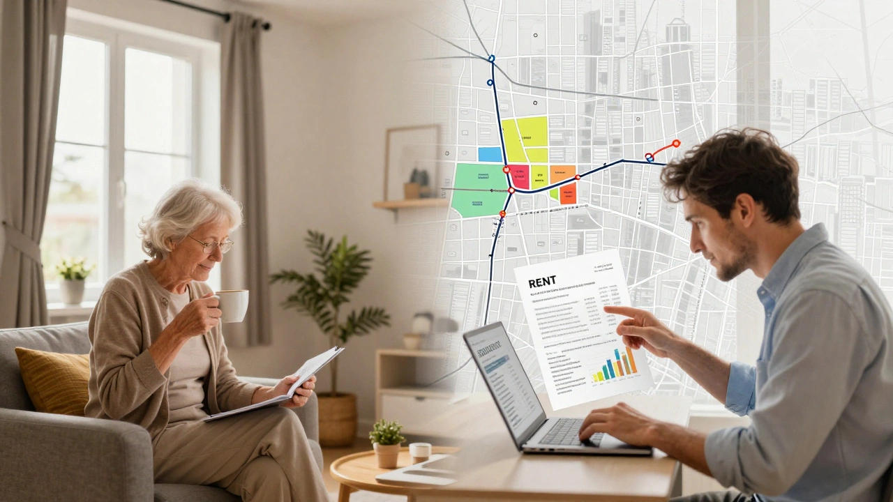 Split scene: retiree in condo vs. investor analyzing rental metrics with city map overlay.