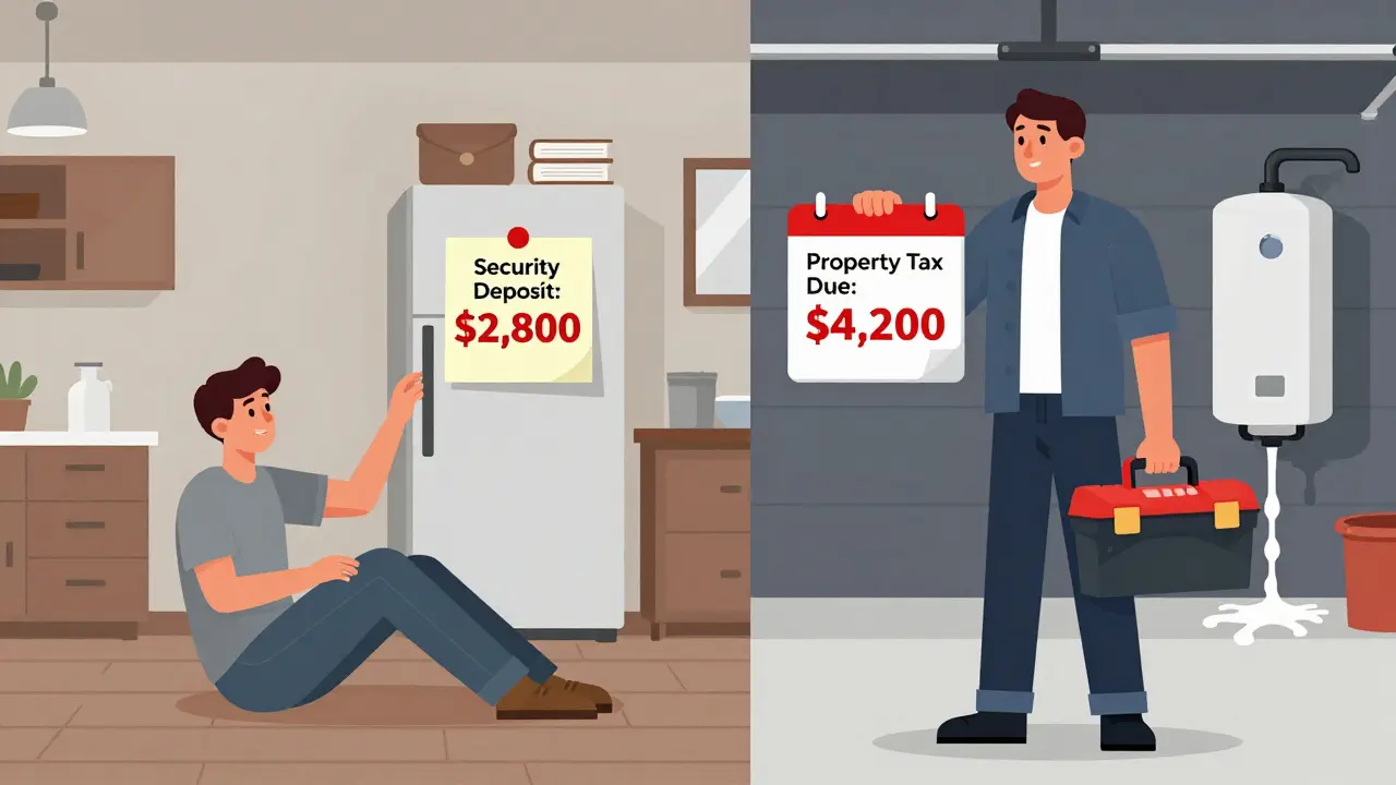 Split-screen: renter in apartment vs. homeowner facing hidden costs like taxes and leaking water heater.