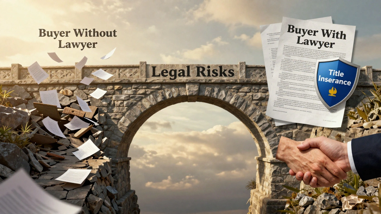 Symbolic bridge over legal risks, showing safe passage with lawyer’s guidance versus collapse without.