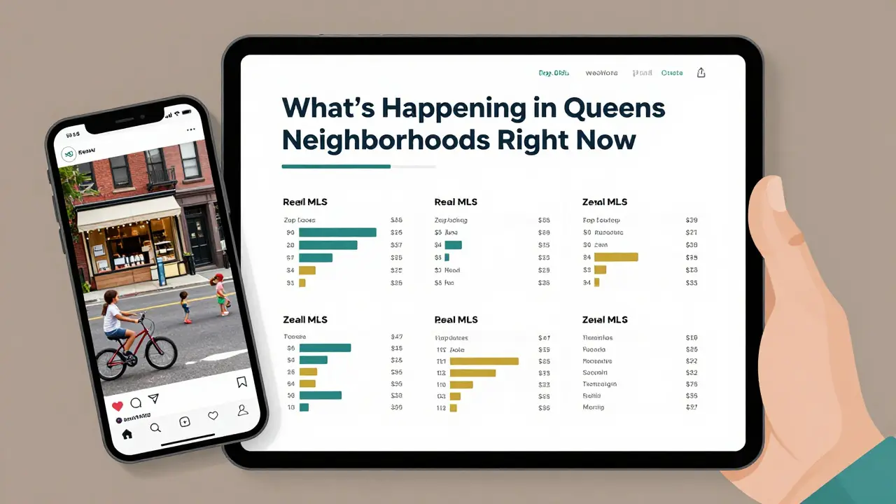 Tablet displaying a local Queens real estate market report with Instagram Reels footage of neighborhood life nearby.
