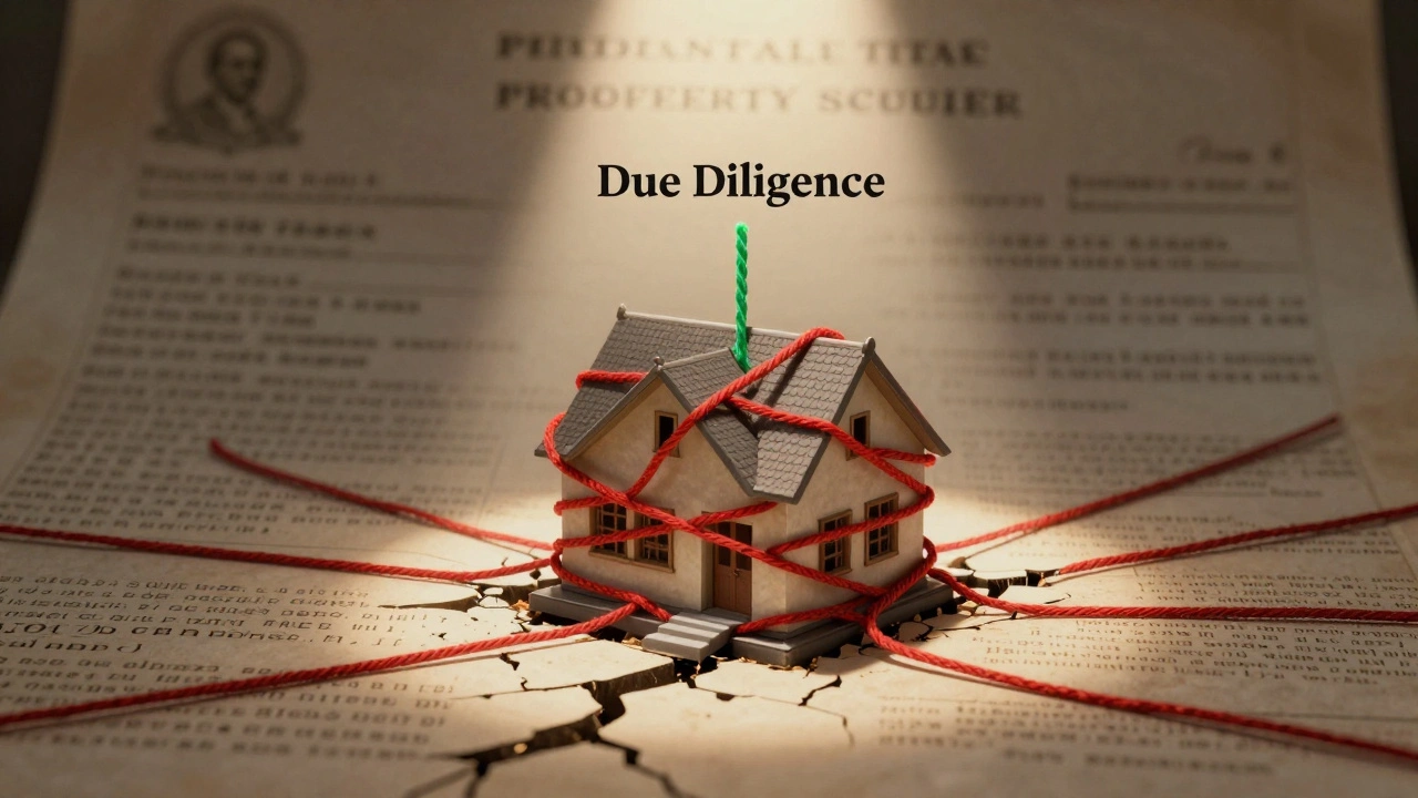 Tangled legal encumbrances wrapped around a property foundation, with one clean thread cutting through.