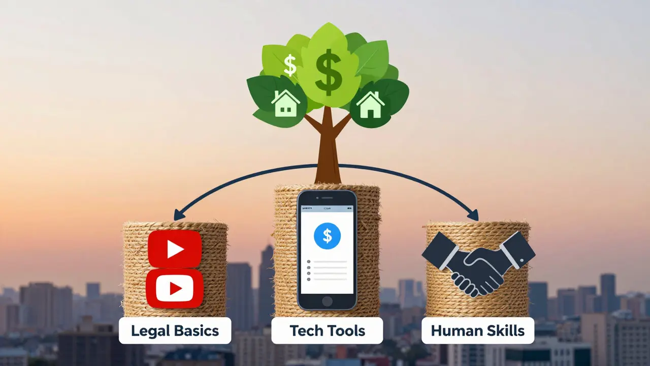 Three pillars of real estate success rising from tech and human connection symbols