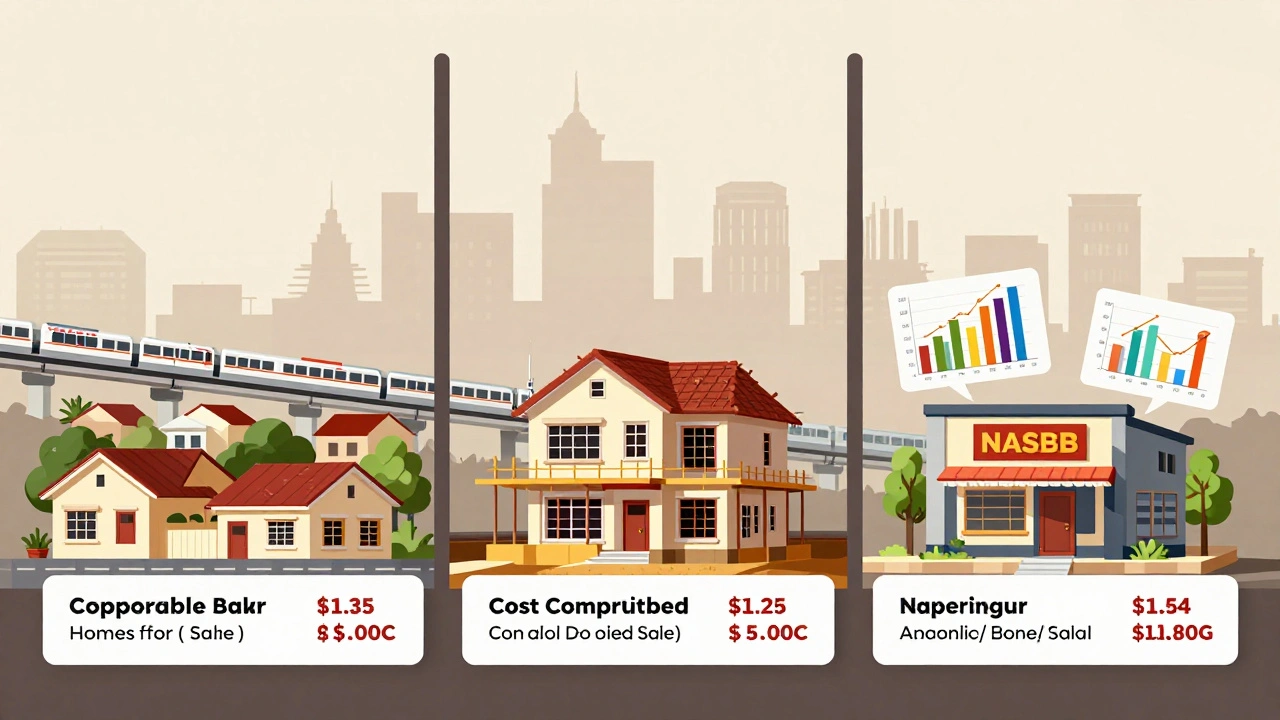 Three real estate appraisal methods illustrated visually: sales comparison, cost approach, income approach.