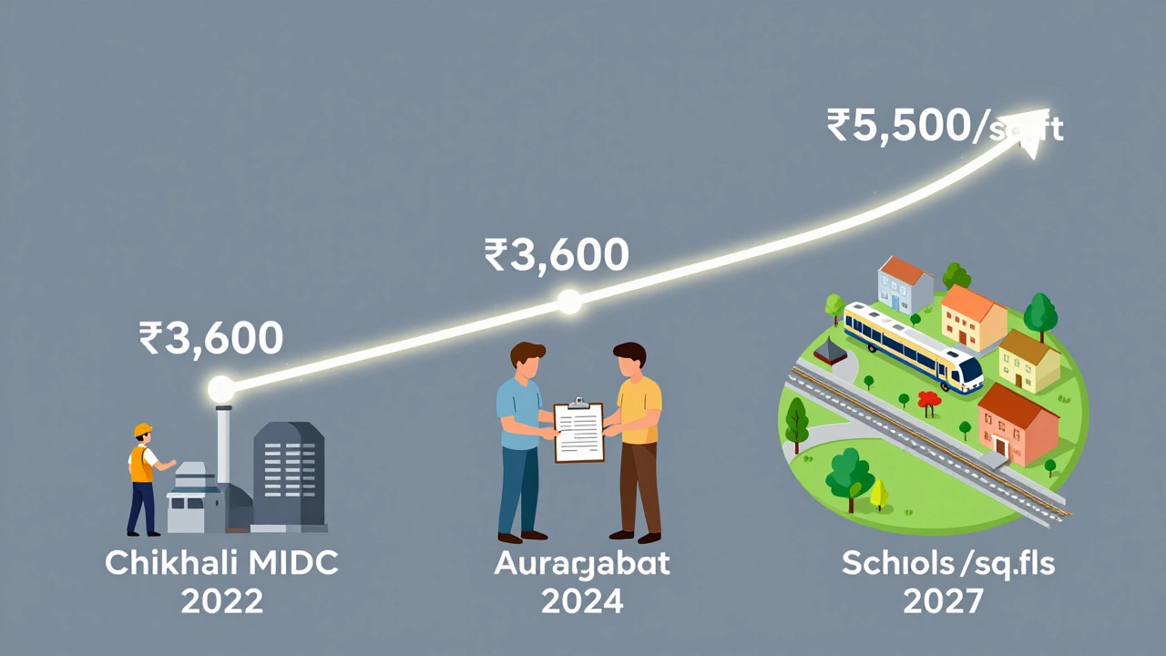 Timeline showing Aurangabad&#039;s real estate growth from factory worker to thriving neighborhood with metro rail.
