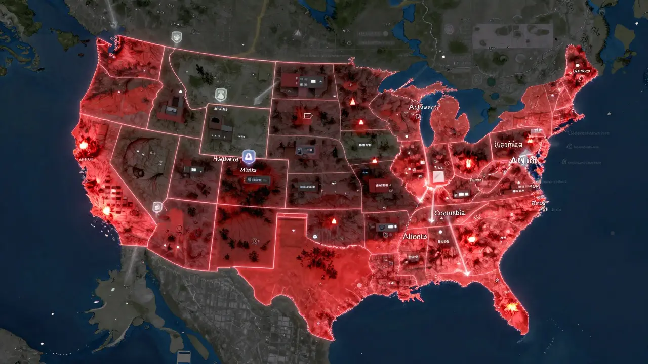 U.S. map highlighting affordable housing areas and job hubs, with warning zones for climate risks.