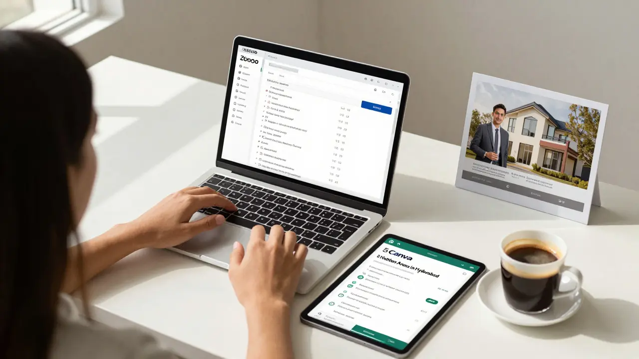 Workspace with laptop showing CRM, Canva lead magnet, and WhatsApp Business app, beside a professional property photo and coffee.
