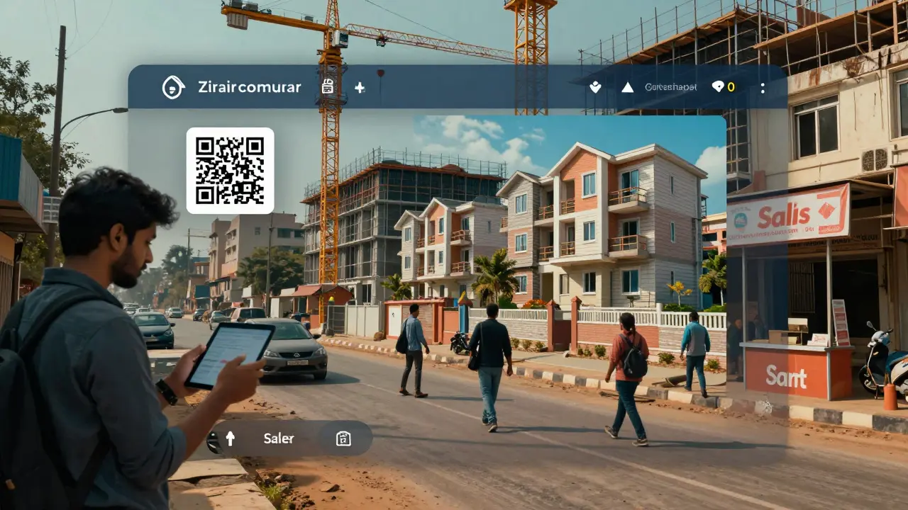 Young professionals using tablets to view virtual property tours near Zirakpur Road construction site.