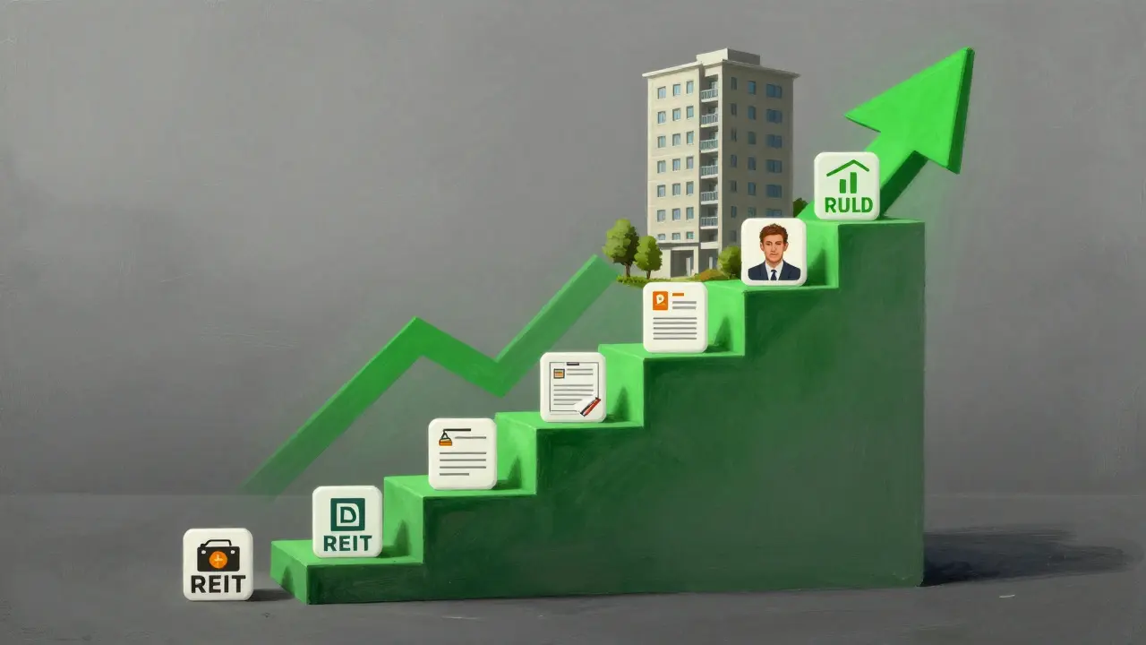 A financial ladder showing progression from REITs to multi-unit property ownership.