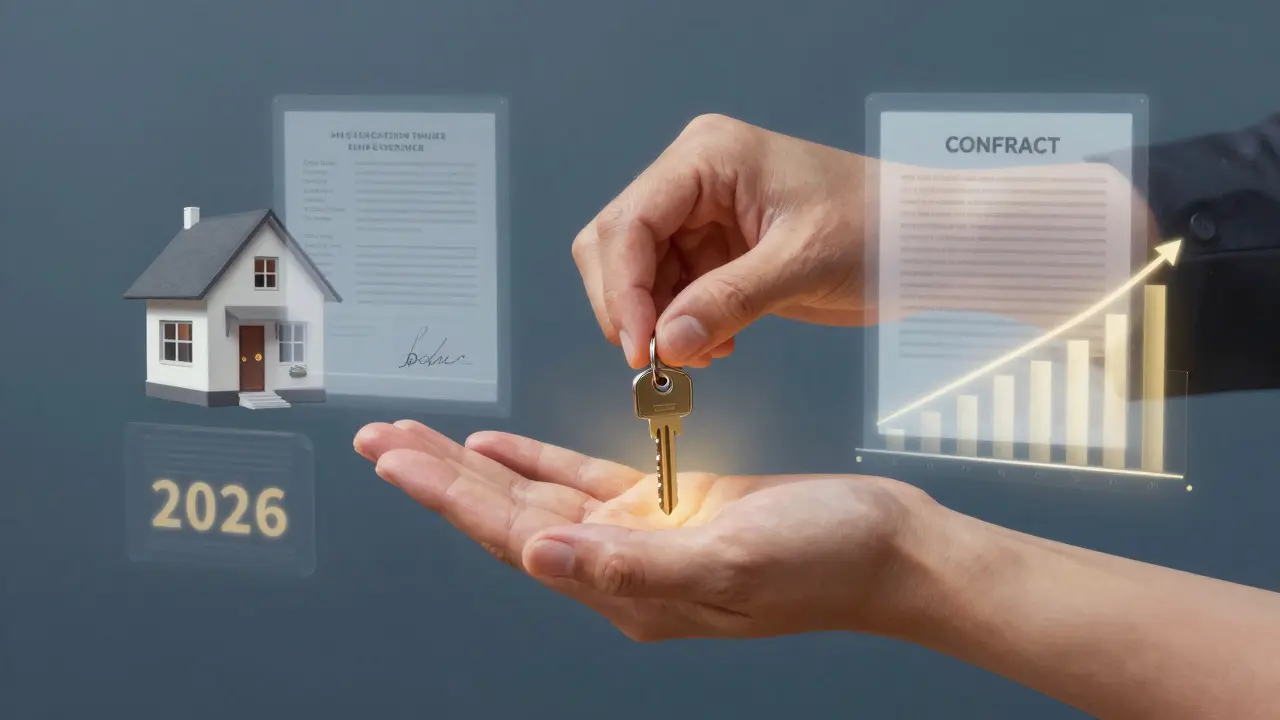A hand giving a house key surrounded by holograms of homebuying essentials.