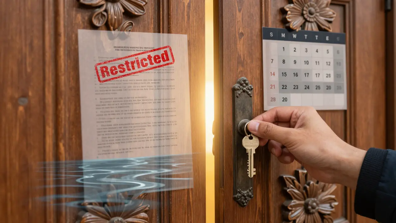 A key inserted into a carved door with hidden risks like floods and legal restrictions visible behind.