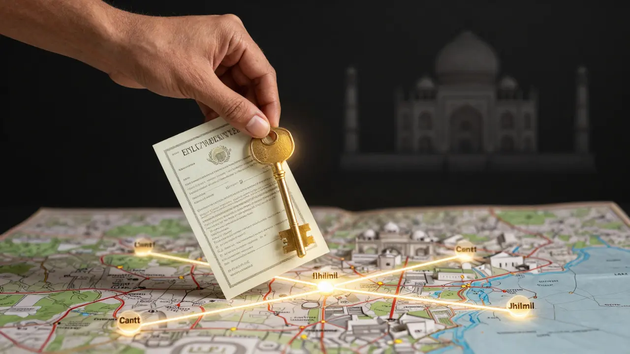 A key made of property documents hovering over a map of Agra, symbolizing knowledge-driven success.