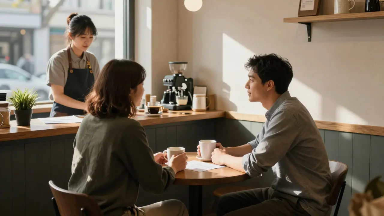 Agent chatting with a barista in a cozy neighborhood coffee shop