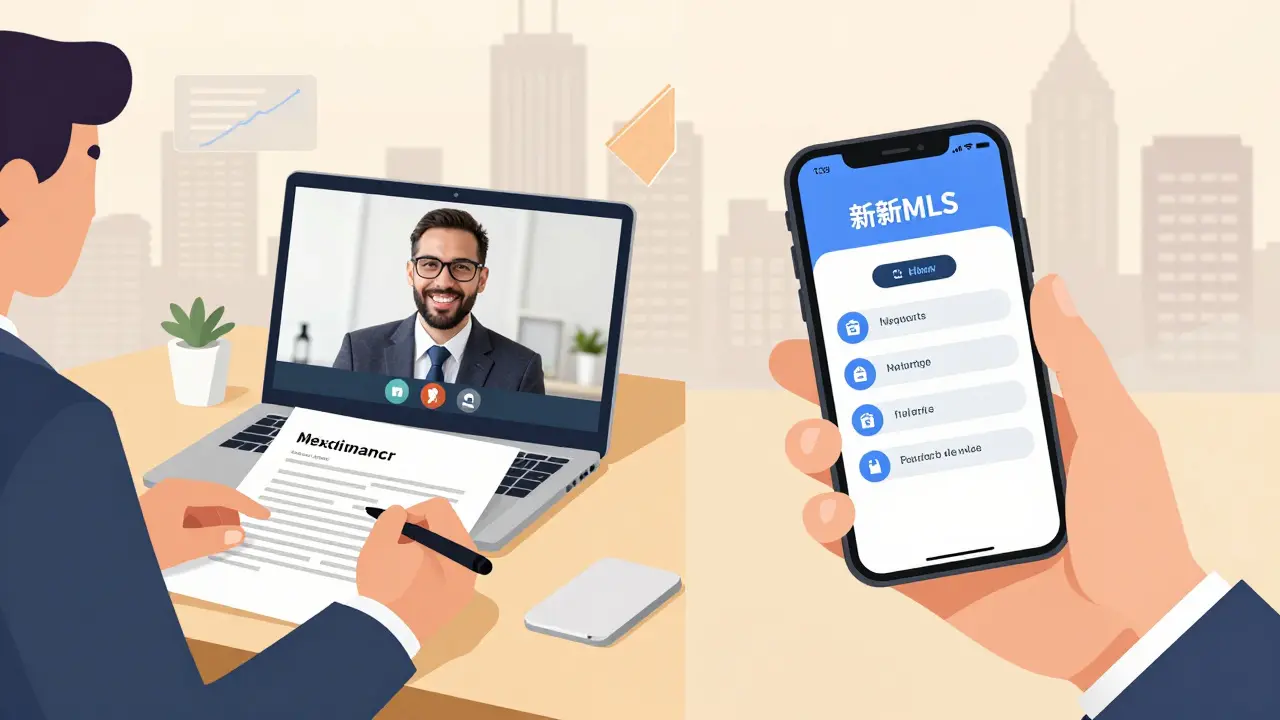 Agent coordinating legal paperwork and buyer alerts in a digital, clutter-free workspace.