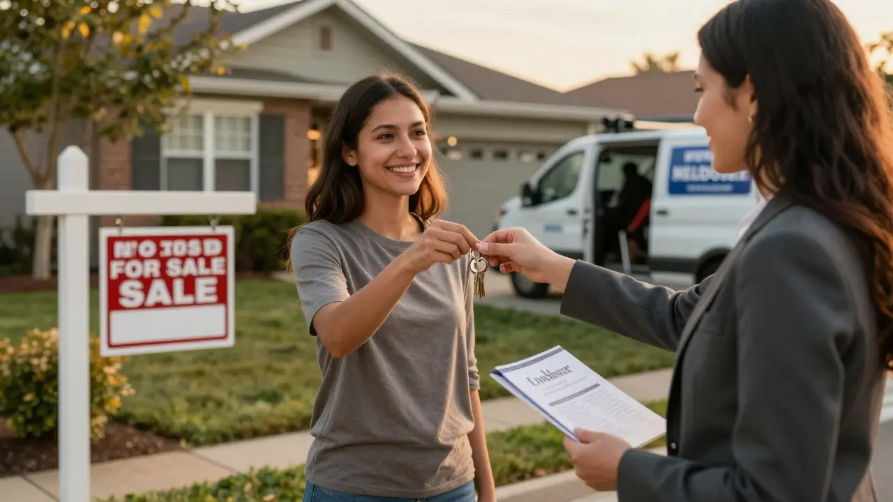 Broker handing keys to new homeowner outside a house at sunset