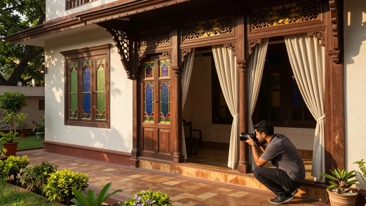 Colonial-style bungalow in Bhopal showcasing woodwork and stained glass in golden light.
