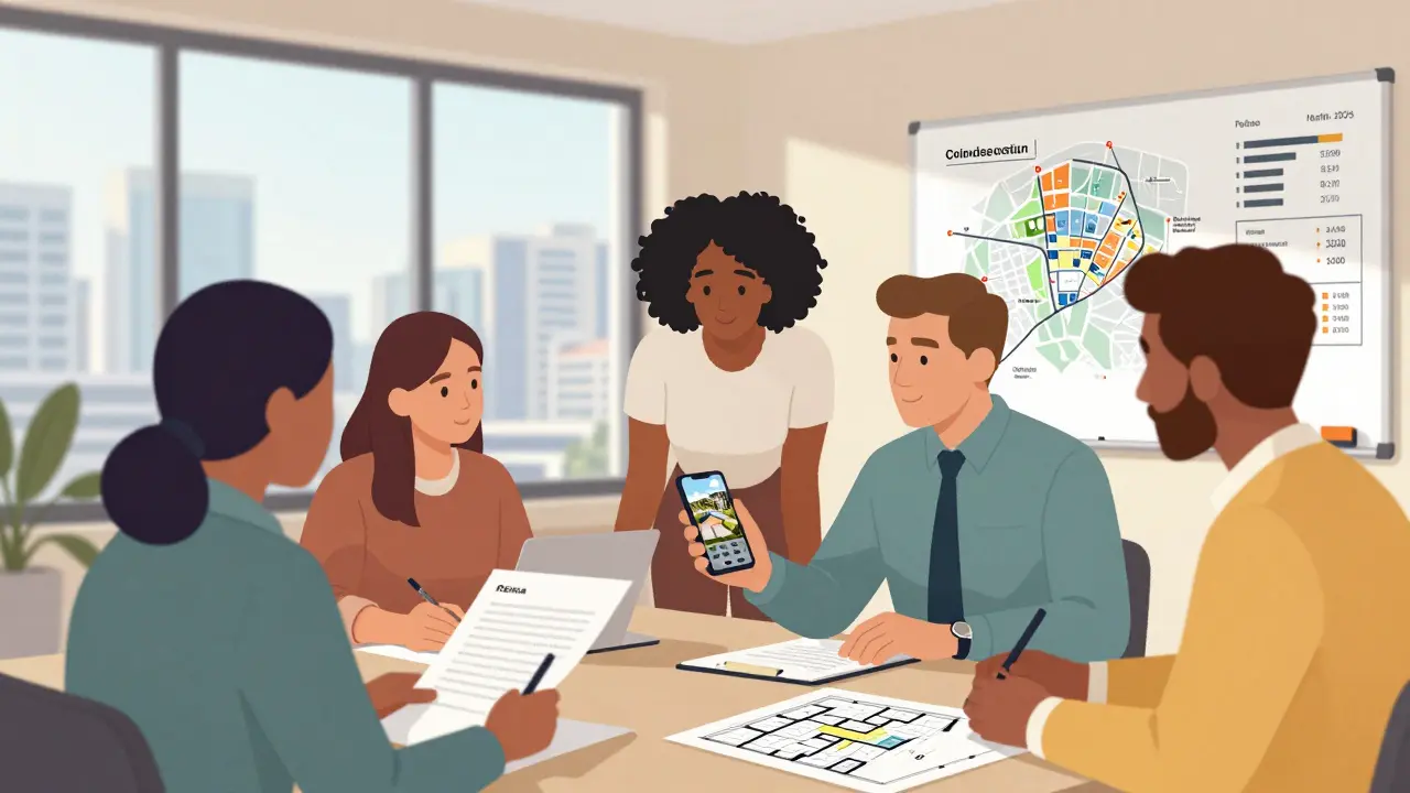 Diverse team of real estate professionals working together in a bright office with property maps and digital tools.