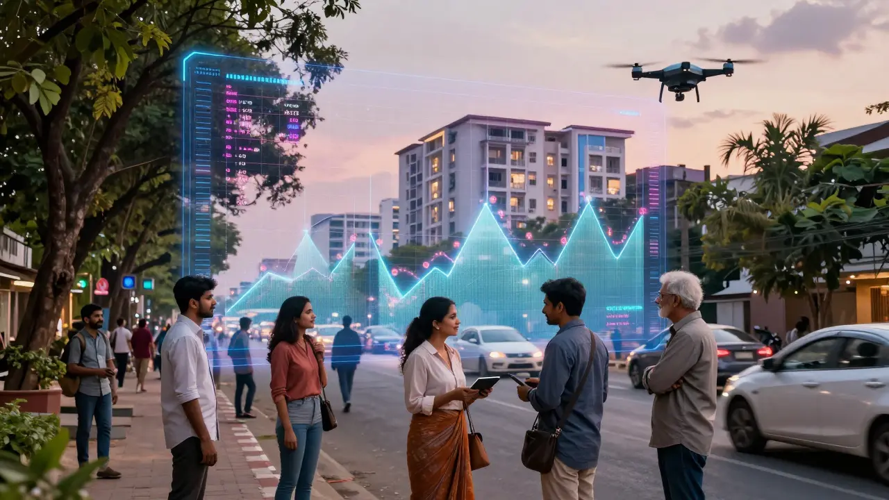 Futuristic blend of AI data and real estate agents meeting clients in a growing Coimbatore neighborhood.