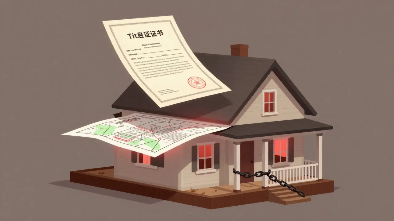 House with transparent layers showing title, zoning maps, and lease agreements.