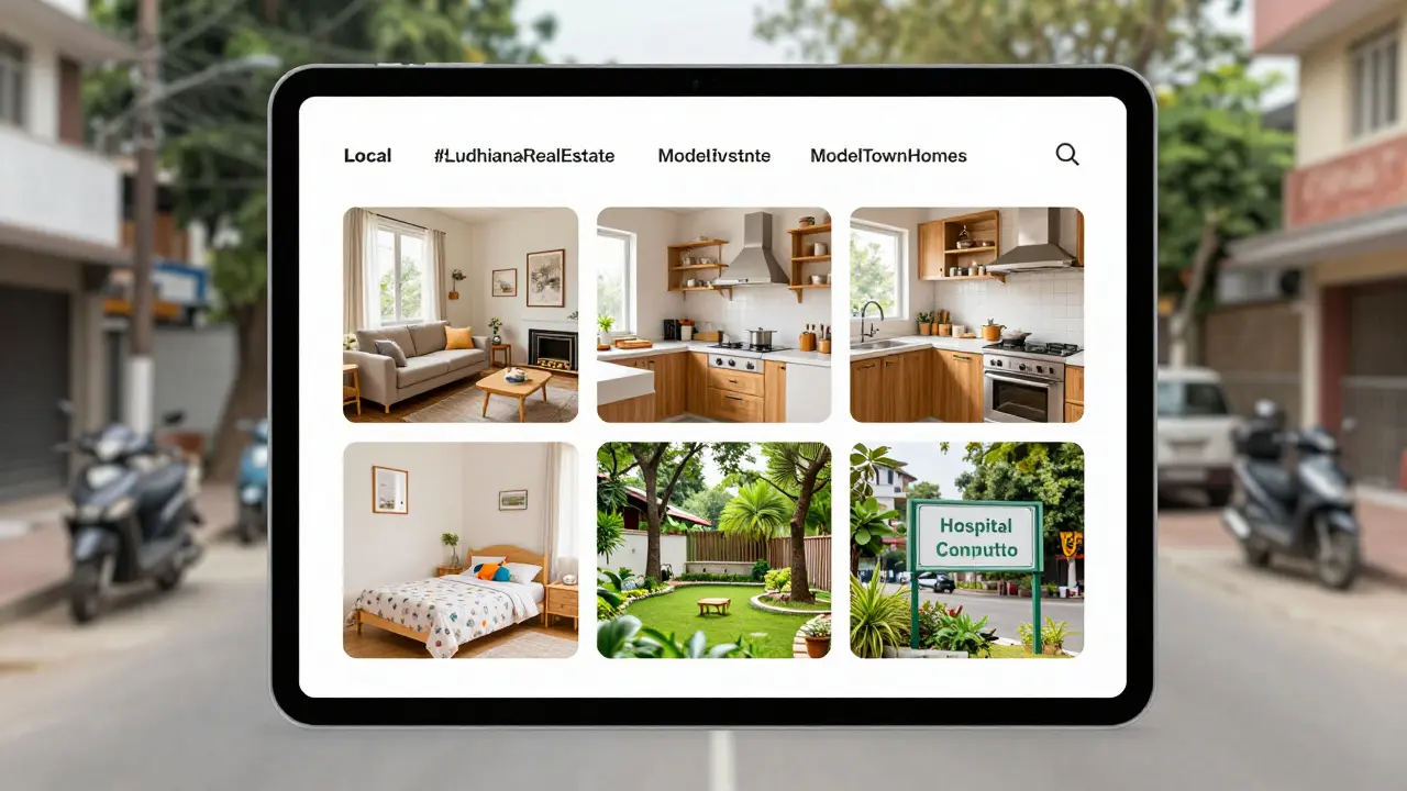 Instagram carousel with five images of a home, including kitchen, garden, and nearby hospital.