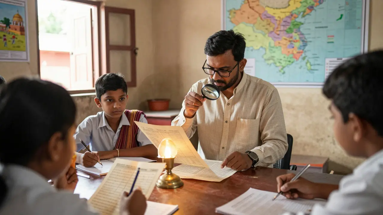 Instructor teaching land record verification using physical deeds in a Varanasi classroom.