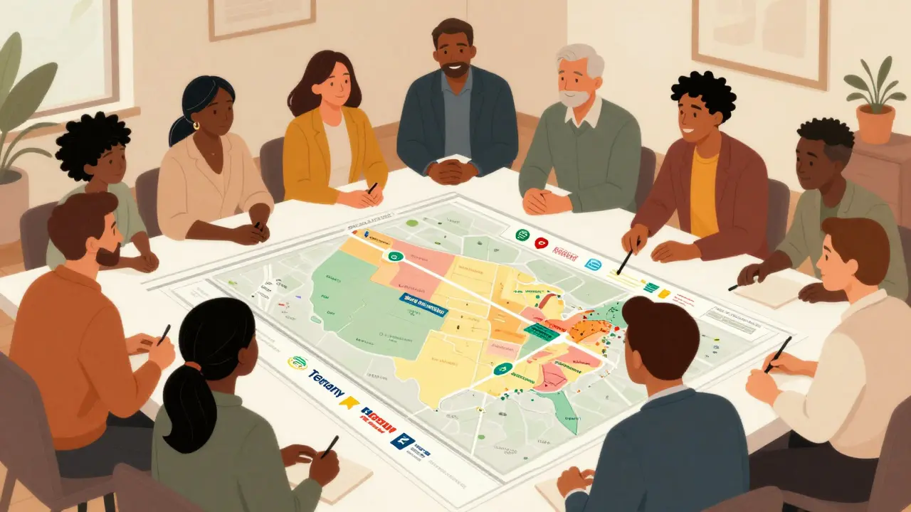 Investors reviewing a property floor plan with cash flow data and key market locations.