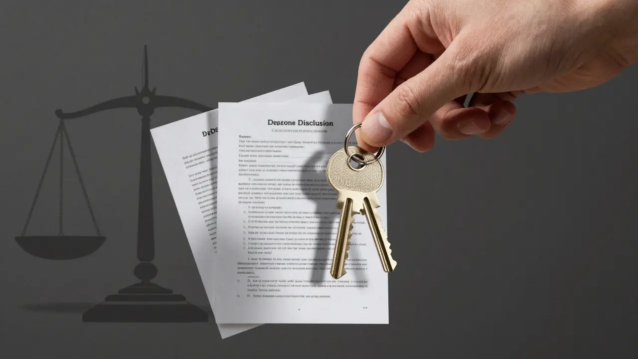 Key made of legal documents unlocking a door, with justice scale in shadow.