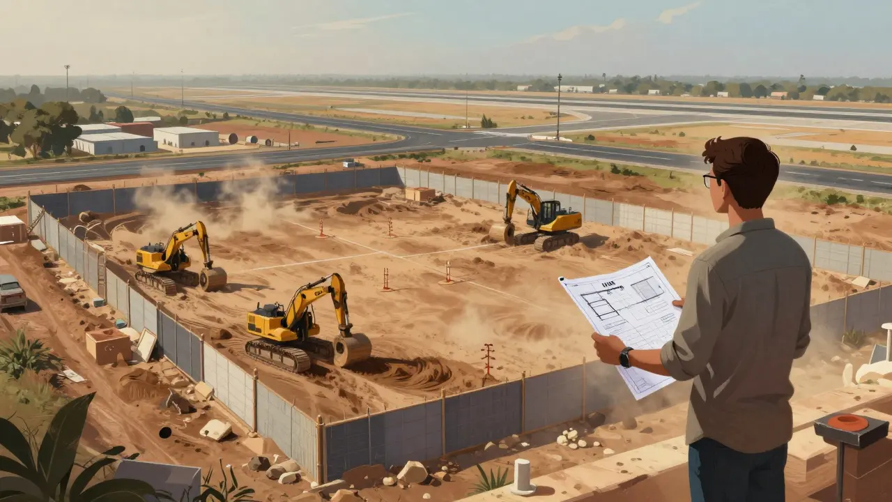 Land plot in Sanganer under construction near airport expansion with investor holding blueprint.