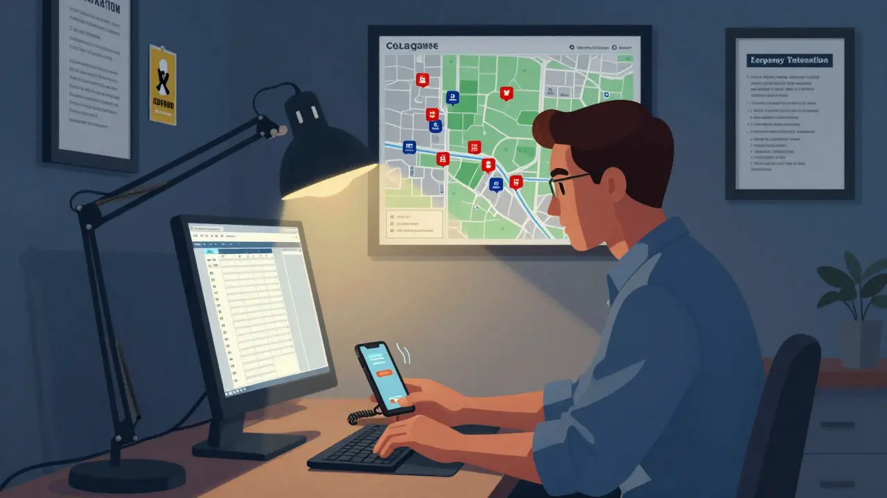 Property manager working late at night, reviewing rental finances with an emergency alert on screen.