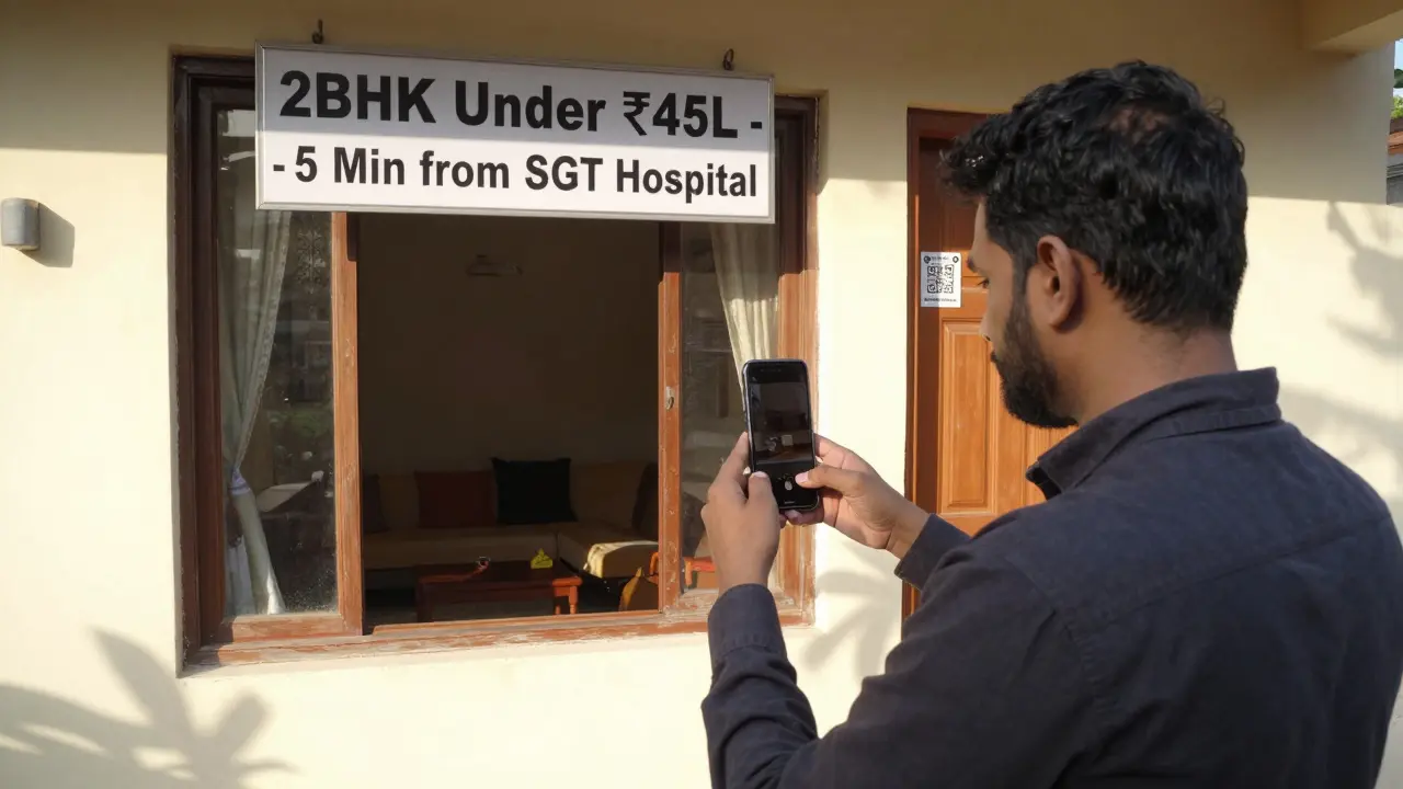 Real estate agent recording a video tour outside a property with a sign saying '2BHK Under ₹45L'.