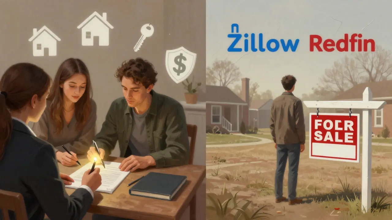 Split image: happy buyers signing papers with agent vs. lonely homeowner with fading real estate apps.