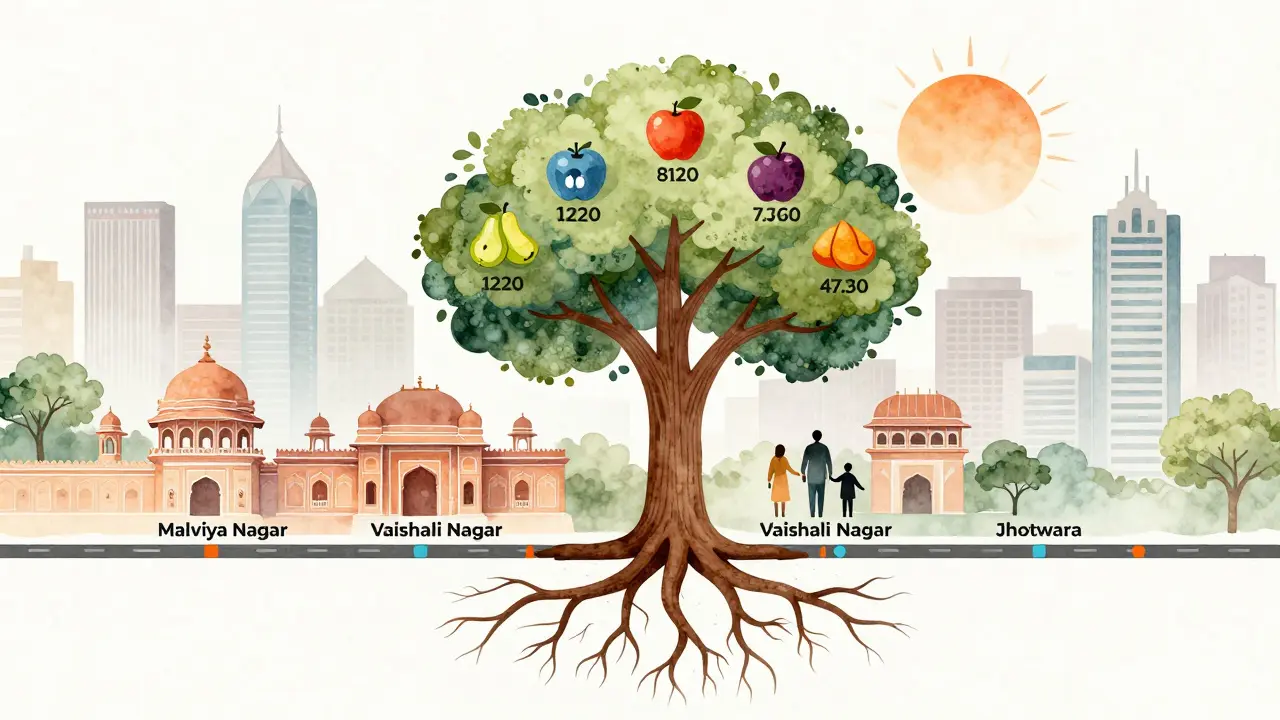 Symbolic tree representing Jaipur's real estate growth with metro roots and neighborhood branches.