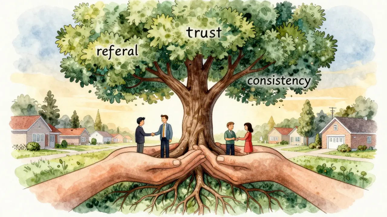 Tree with roots shaped like hands symbolizing real estate referrals and trust