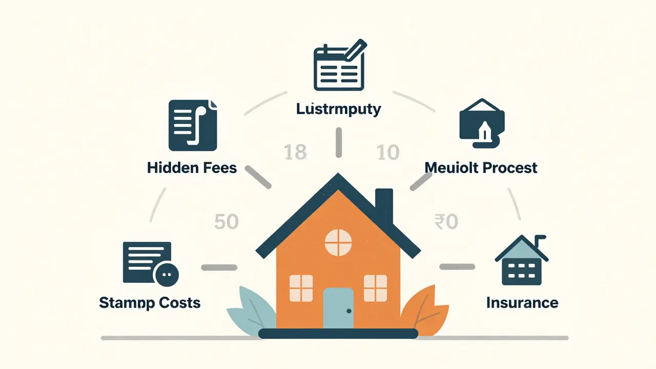 Visual breakdown of hidden costs for a ₹50 lakh property in Meerut with icons for fees and warnings.