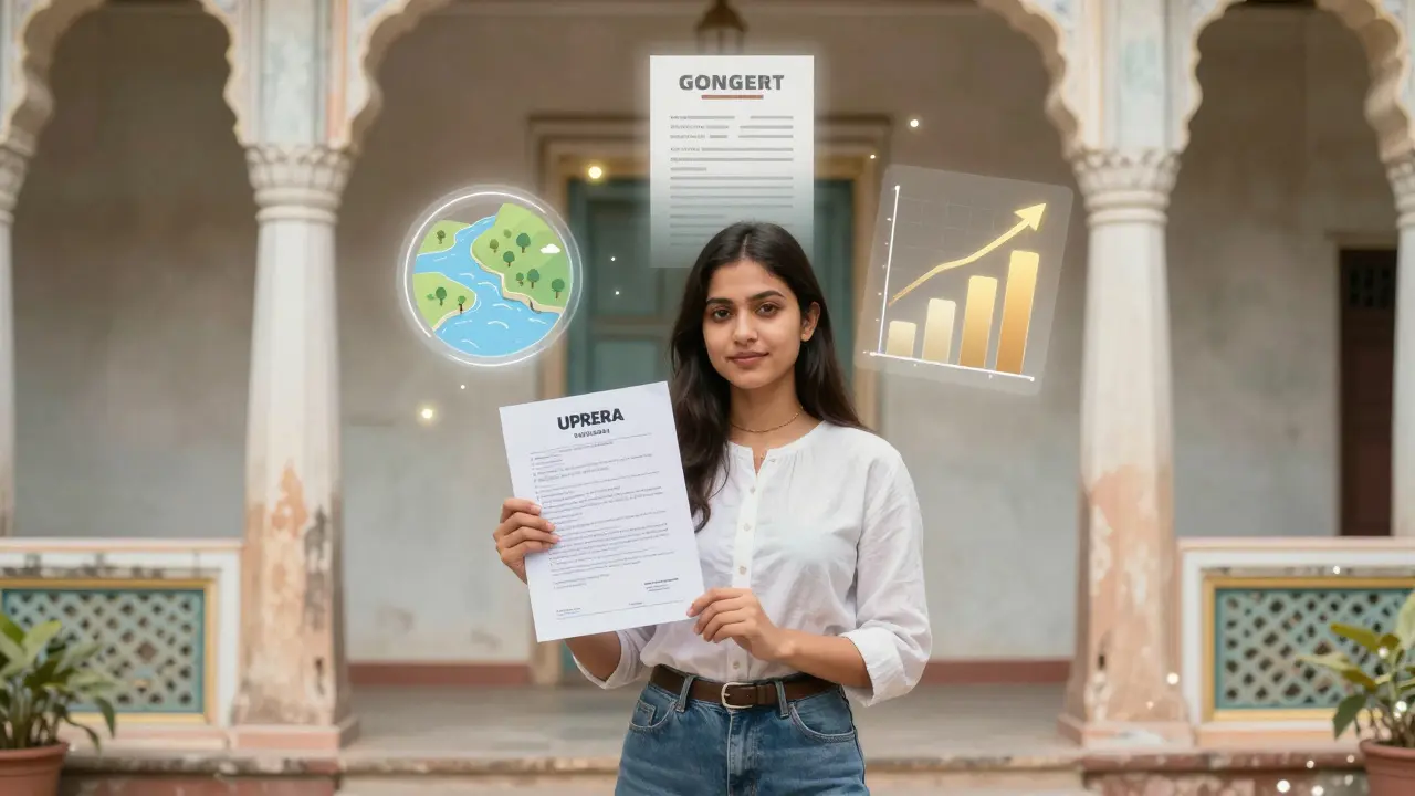 Young agent at a heritage haveli holding certification with symbolic icons of property and income.